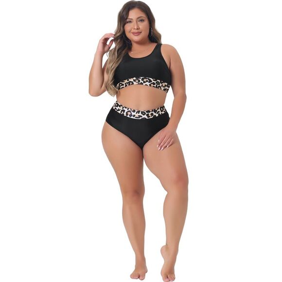 Plus Size Leopard High Waisted Two Piece Bathing Suits Black - Picture 3 of 6